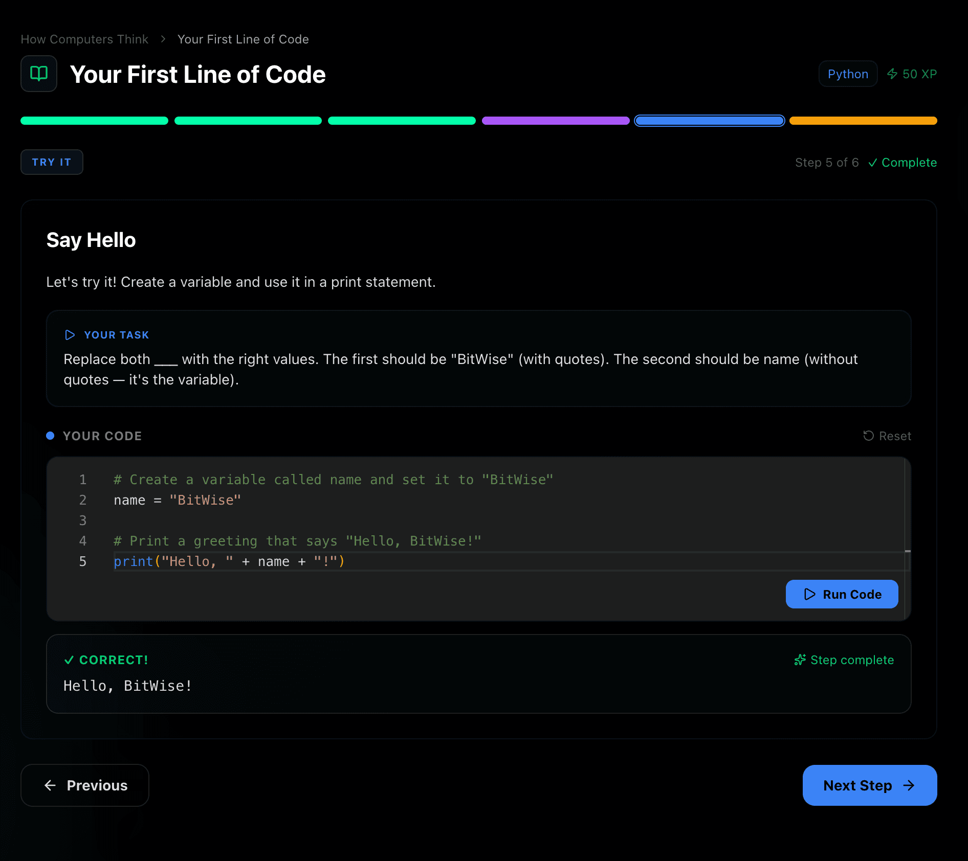 BitWise lesson interface